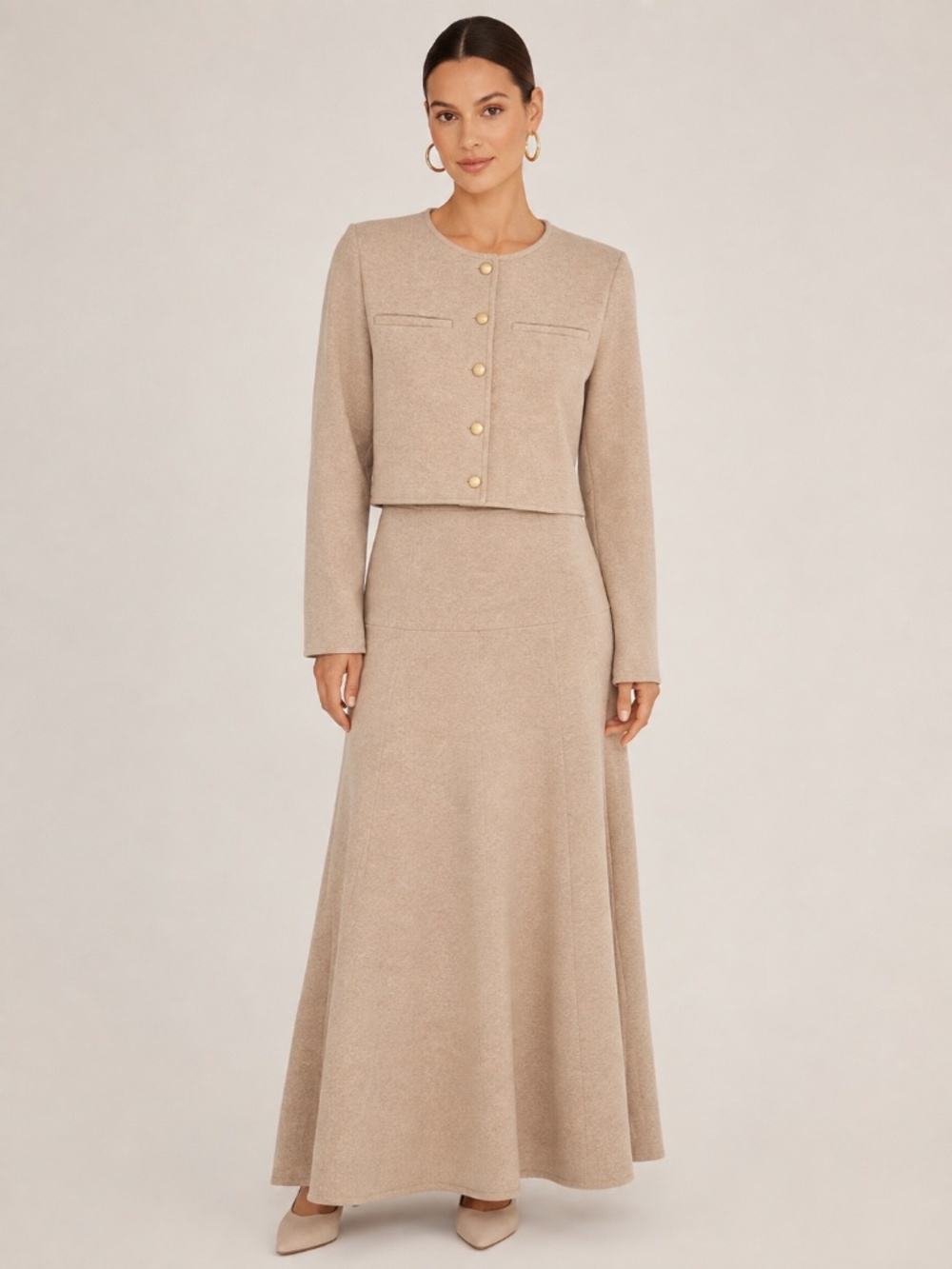 OGL Taupe Knit Jacket & Mermaid Skirt Set Gold Buttons Size Medium